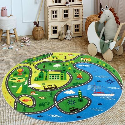 ABREEZE Round Kids Rugs 5.3ft, Faux Wool Kids Road Traffic Area Rugs Non-Slip Childrens Crawling Carpet Colorful Educational & Fun Throw Rug for Living Room Bedroom Playroom Nursery Decor
