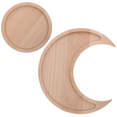2pcs Crystal Holder Moon Tray with Round Dish Display Wooden Crystal Tray for Stones Crystals Storage Organizer Crescents Spiritual Home Decor Essential Oil Jewelry Rings