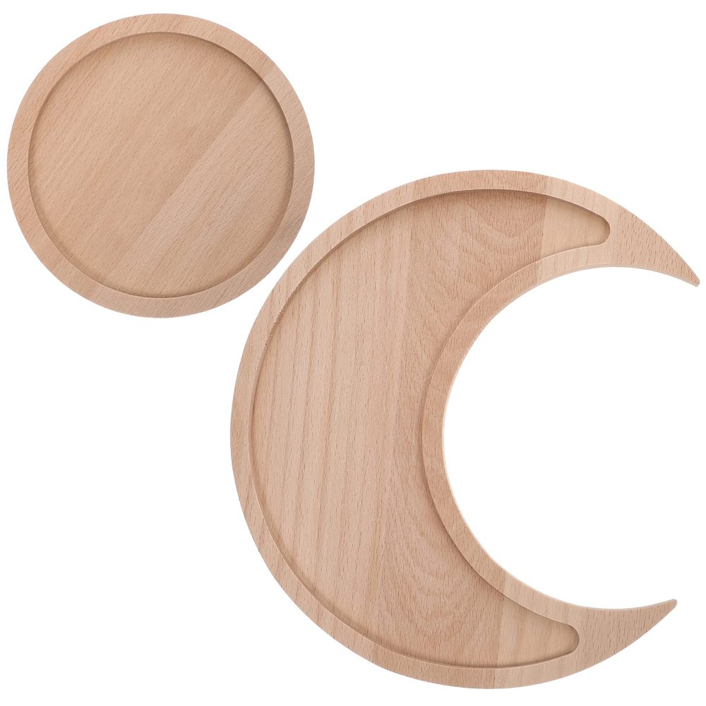 2pcs Crystal Holder Moon Tray with Round Dish Display Wooden Crystal Tray for Stones Crystals Storage Organizer Crescents Spiritual Home Decor Essential Oil Jewelry Rings