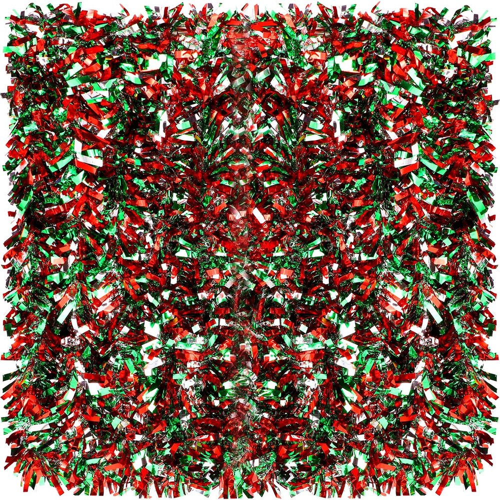 Sosation 100 ft Christmas Tinsel Garland Christmas Tree Twist Garland Bulk Glitter Metallic Streamer Indoor Outdoor Hanging Xmas Decorations(Silver Red Green)