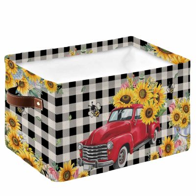 1 PC Large Storage Basket Bins Waterproof Fabric, Spring Sunflower Tulip Bee Floral Rectangular Storage Box for Shelf Closet Organizer Summer Red Truck Flower Black Plaid