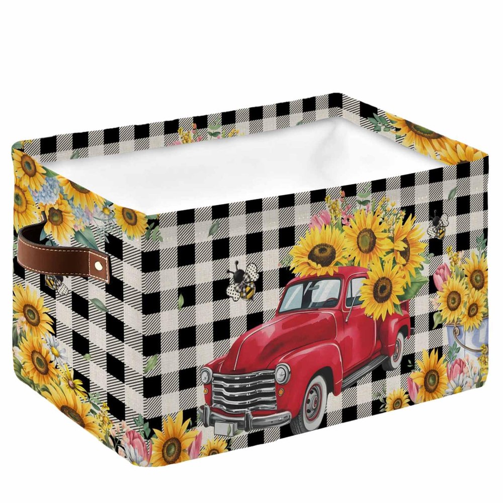 1 PC Large Storage Basket Bins Waterproof Fabric, Spring Sunflower Tulip Bee Floral Rectangular Storage Box for Shelf Closet Organizer Summer Red Truck Flower Black Plaid