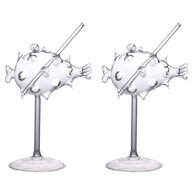 2pcs Creative Martini Glasses for Party Cocktail Glass Fish Shaped Cocktail Glasses Puffer Fish Mojito Glass Party Goblet for Bar Club Restaurant