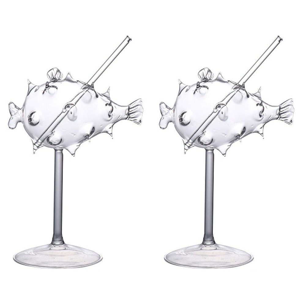 2pcs Creative Martini Glasses for Party Cocktail Glass Fish Shaped Cocktail Glasses Puffer Fish Mojito Glass Party Goblet for Bar Club Restaurant