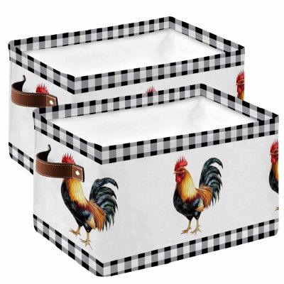 2 PCS Large Storage Basket Bins Waterproof Fabric, Black Rooster Rectangular Storage Box for Shelf Closet Organizer Farm Buffalo Plaid White Check