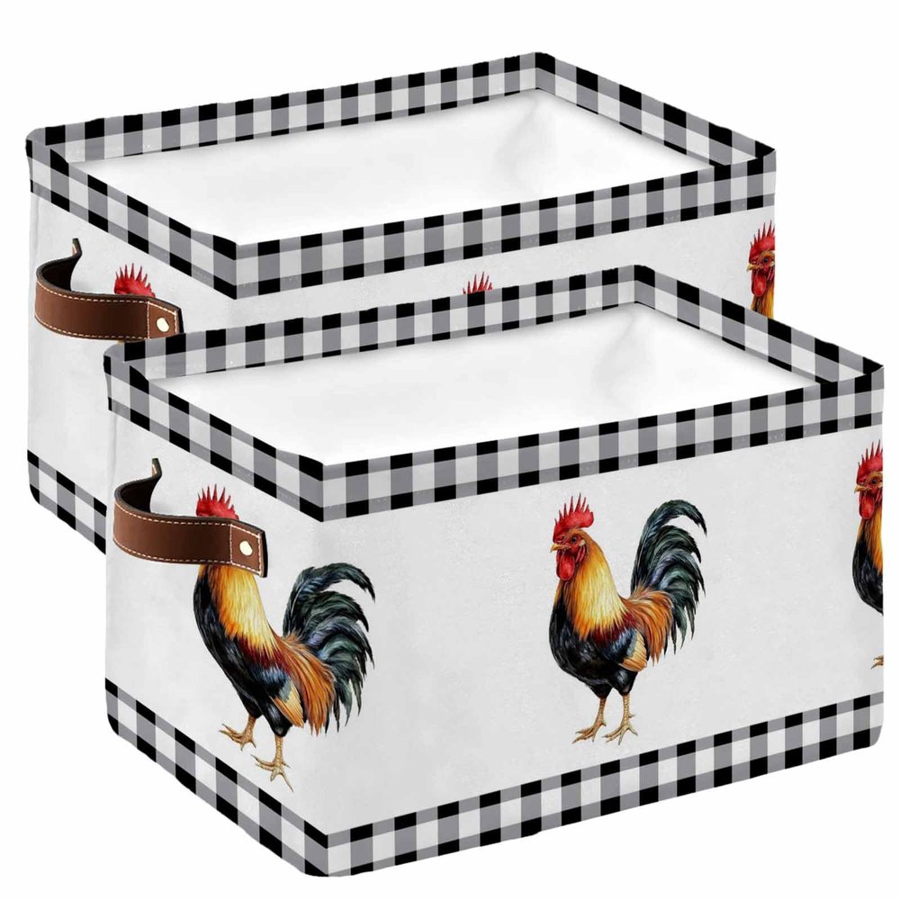 2 PCS Large Storage Basket Bins Waterproof Fabric, Black Rooster Rectangular Storage Box for Shelf Closet Organizer Farm Buffalo Plaid White Check