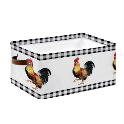 1 PC Large Storage Basket Bins Waterproof Fabric, Black Rooster Rectangular Storage Box for Shelf Closet Organizer Farm Buffalo Plaid White Check