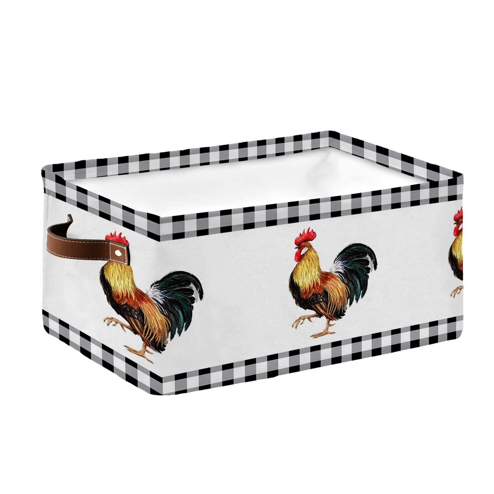 1 PC Large Storage Basket Bins Waterproof Fabric, Black Rooster Rectangular Storage Box for Shelf Closet Organizer Farm Buffalo Plaid White Check