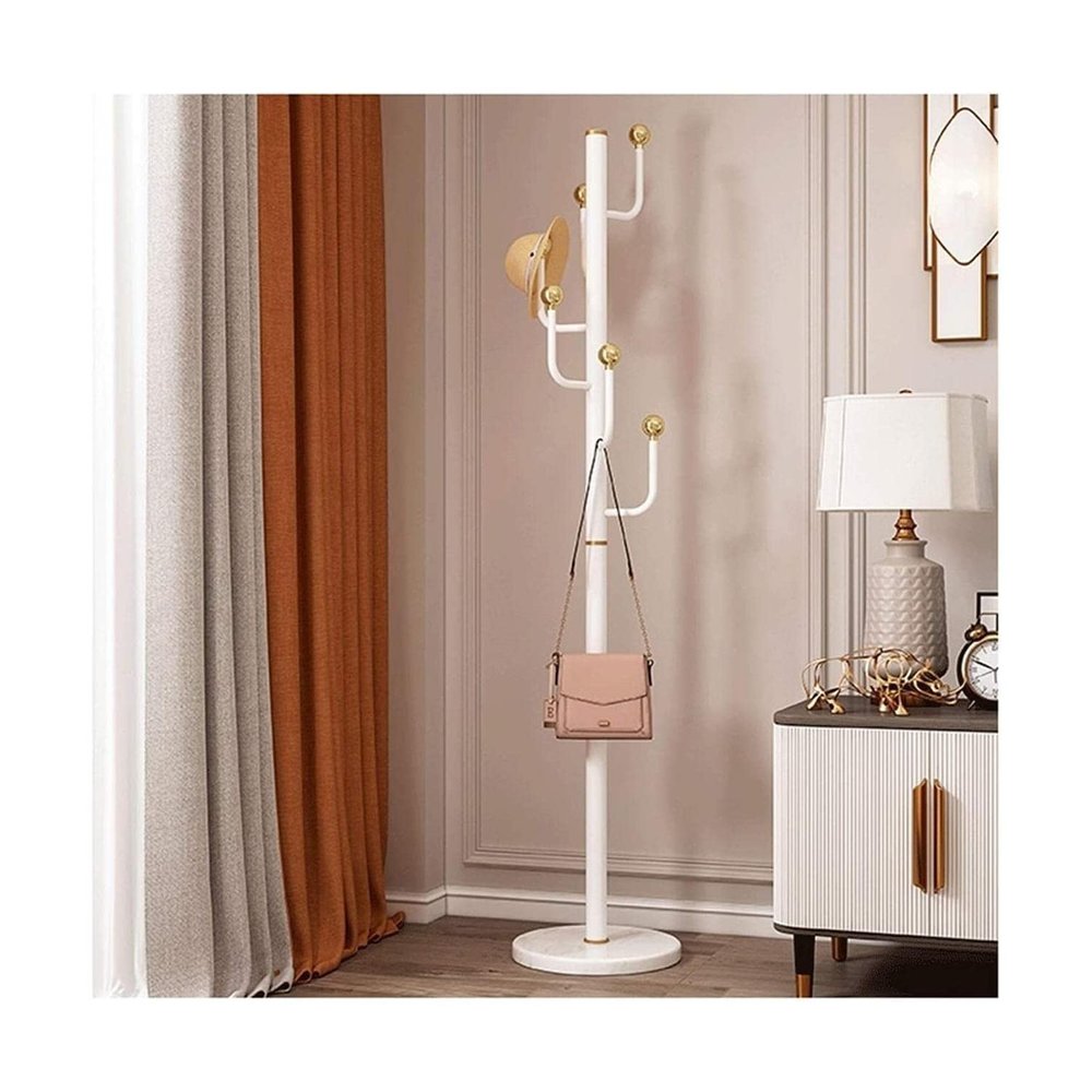 VNABO Freestanding Coat Rack Metal Coat Stand with 6 Hooks Round Marble Base Coat Rack Tree for Home Office Entryway