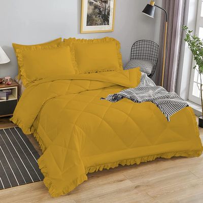 3 Piece Lightweight Diamond Ruffle Comforter Set - 600 GSM 100% Egyptian Cotton | 1000 Thread Count - Gold Solid, King/Cal-King Size