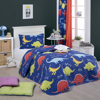 BONPERLA Animals Bedding Set, Twin Size Bedspread Set, Blue Dinosaur Themed Coverlet, Girls Boys Bedding, (Twin)