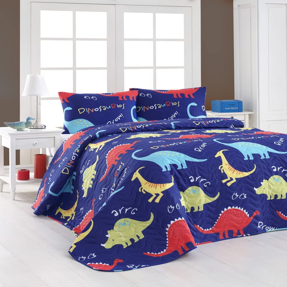 BONPERLA Animals Bedding Set, Full/Queen Size Bedspread Set, Blue Dinosaur Themed Coverlet, Girls Boys Bedding, (Full/Queen)