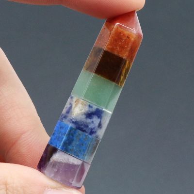 Natural Stone Seven Chakra Crystal Colorful Stone Stitching Hexagonal Column Shape Ornament DIY Home Decoration Jewelry Gifts,Seven Chakras,13x48mm