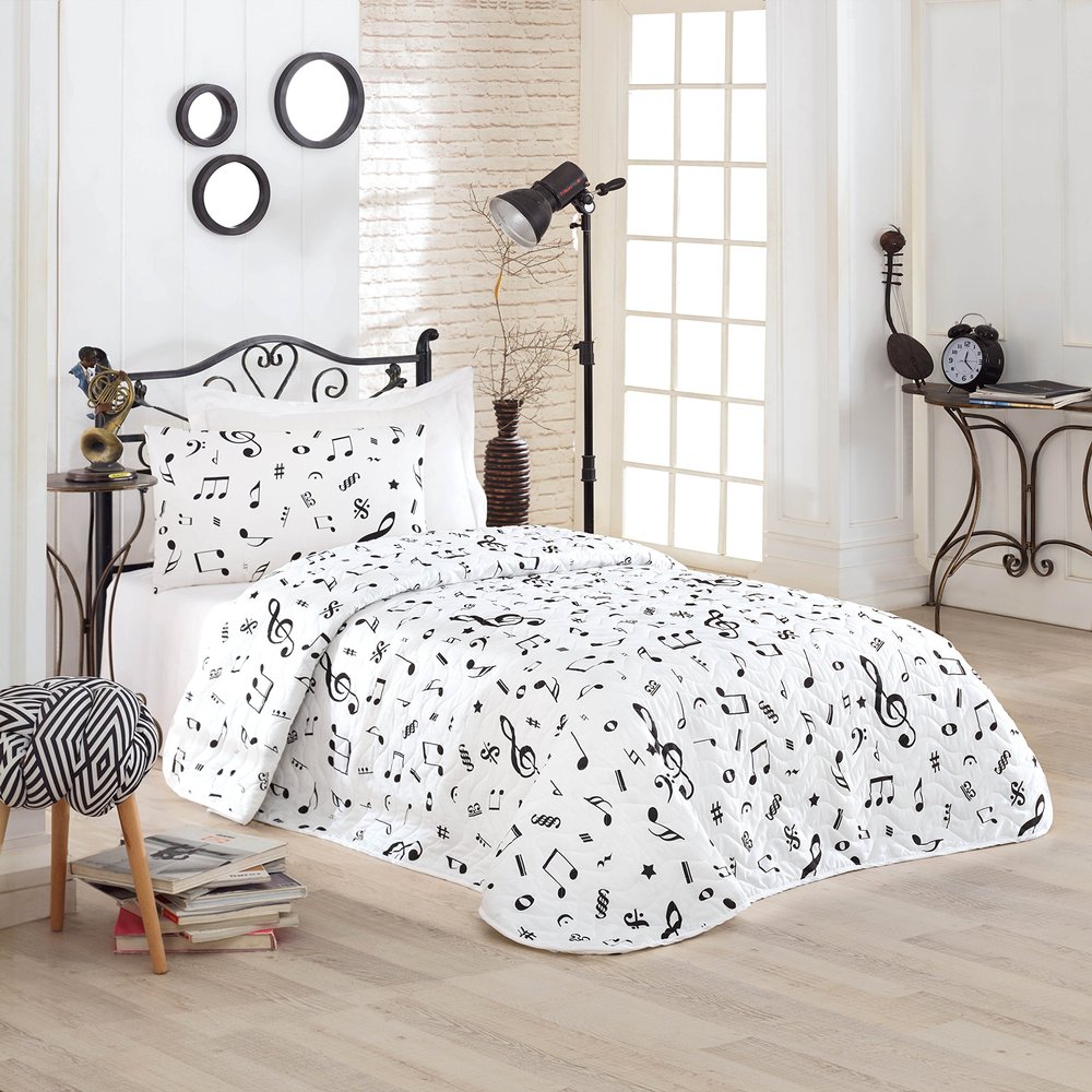 BONPERLA Music Bedding Set, Twin Size Bedspread Set, Melody White Themed Coverlet, Girls Boys Bedding, (Twin)