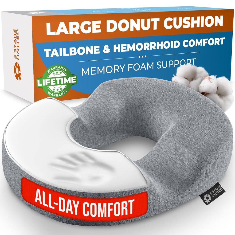 5 STARS UNITED Donut Pillow Hemorrhoid Tailbone Cushion  Large Floor Cushion for Pain Relief  Coccyx, Prostate, Sciatica, Pelvic Floor, Pressure Sores, Pregnancy, Postpartum Recovery, Gray