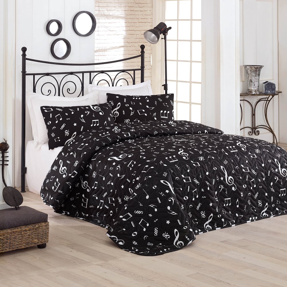 BONPERLA Music Bedding Set, Full/Queen Size Bedspread Set, Melody Black Themed Coverlet, Girls Boys Bedding, (Full/Queen)