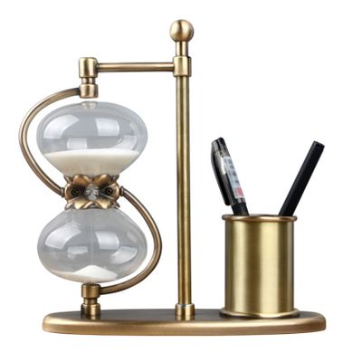 Jayiaine Hourglass Sand Timer with Brass Pen Holder, Antique Sand Clock, Vintage Rotating Sand Watch, Unique Glass Sandglass Wedding Home Desk Office Classroom Decor,60min
