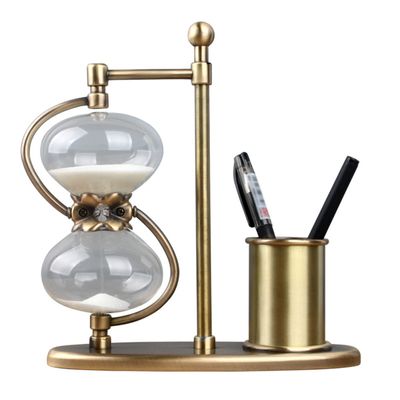 Jayiaine Hourglass Sand Timer with Brass Pen Holder, Antique Sand Clock, Vintage Rotating Sand Watch, Unique Glass Sandglass Wedding Home Desk Office Classroom Decor,30min