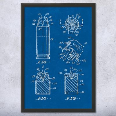 Framed Hollow Point Bullet Print, Ballistics Analyst, Investigator Gift, Bullet Blueprint, Gun Club Art, Soldier Gift Blueprint (16x20)