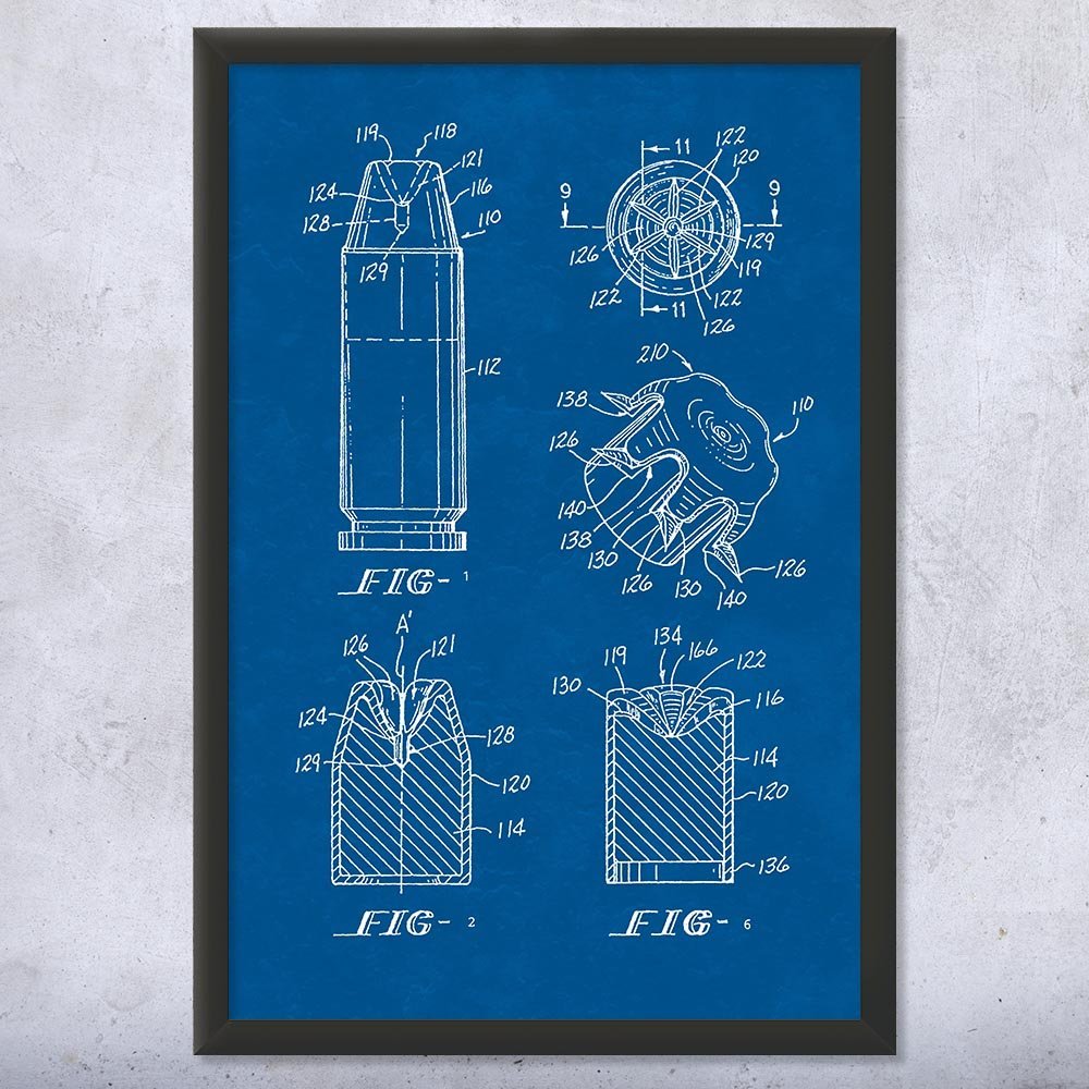 Framed Hollow Point Bullet Print, Ballistics Analyst, Investigator Gift, Bullet Blueprint, Gun Club Art, Soldier Gift Blueprint (16x20)