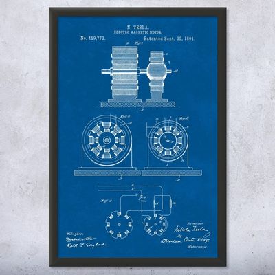 Framed Nikola Tesla Magnetic Motor Print, Nikola Tesla Art, Motor Art Print, Engineer Gift, Classroom Decor Blueprint (18x24)
