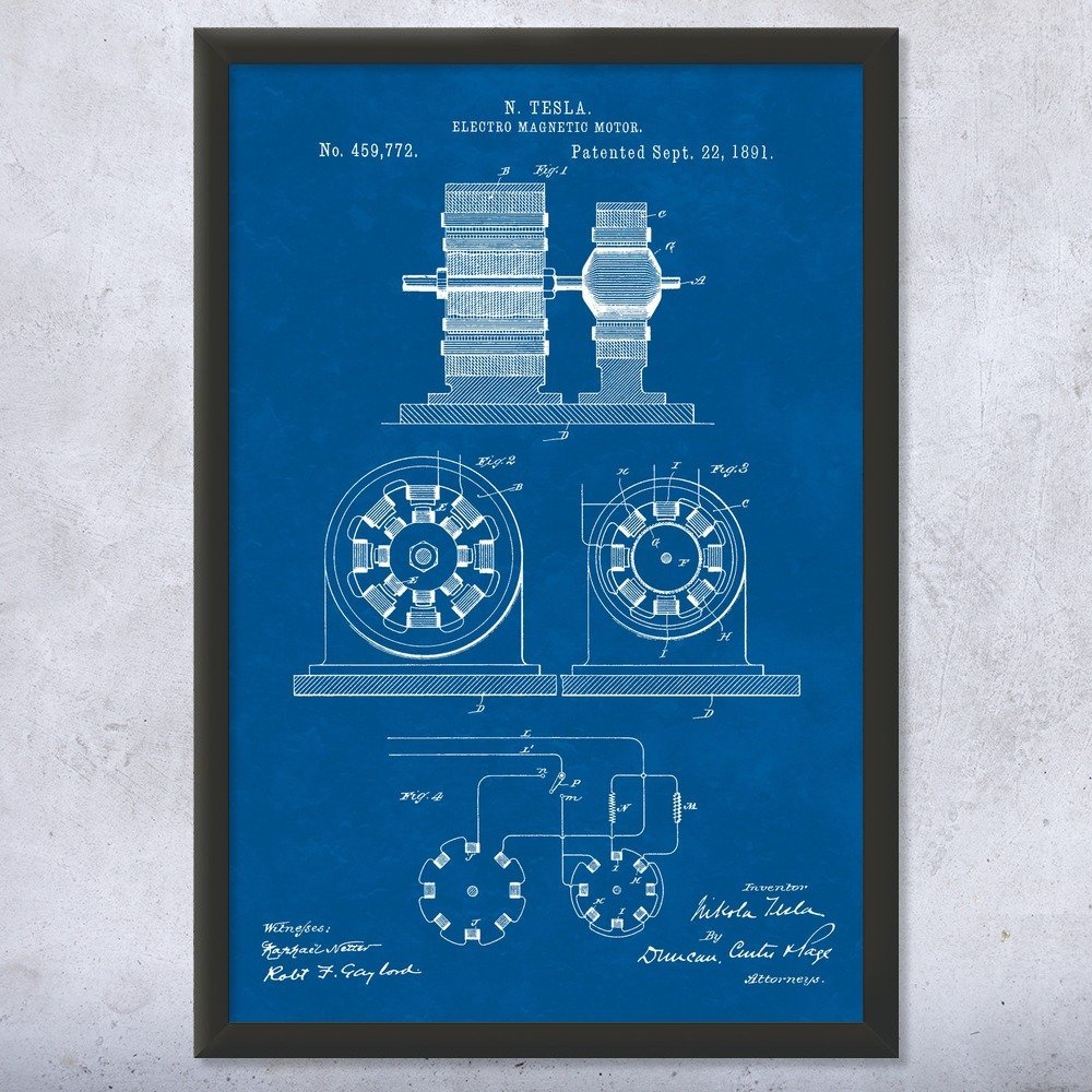 Framed Nikola Tesla Magnetic Motor Print, Nikola Tesla Art, Motor Art Print, Engineer Gift, Classroom Decor Blueprint (18x24)