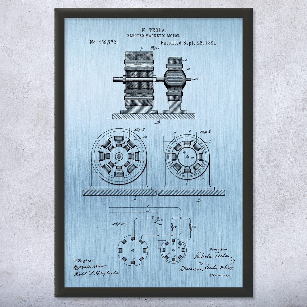 Framed Nikola Tesla Magnetic Motor Print, Nikola Tesla Art, Motor Art Print, Engineer Gift, Classroom Decor Blue Steel (18x24)