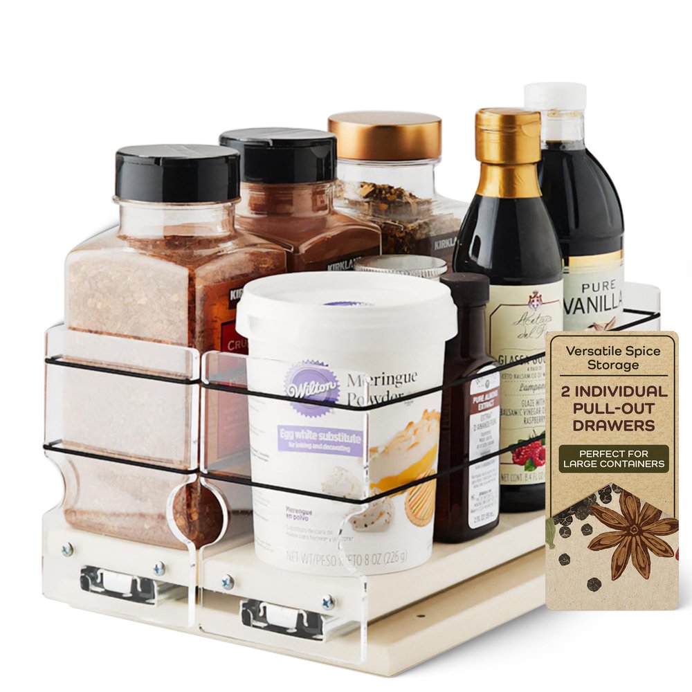 Vertical Spice - Large Pullout Sliding Spice Rack Organizer - 2 Individual 1 Tier Drawers - Premium Rolling Seasoning Holder/Caddy for Hidden Pantry Storage - Made in USA (6.9''W x 5.0" H x 10.6''D)