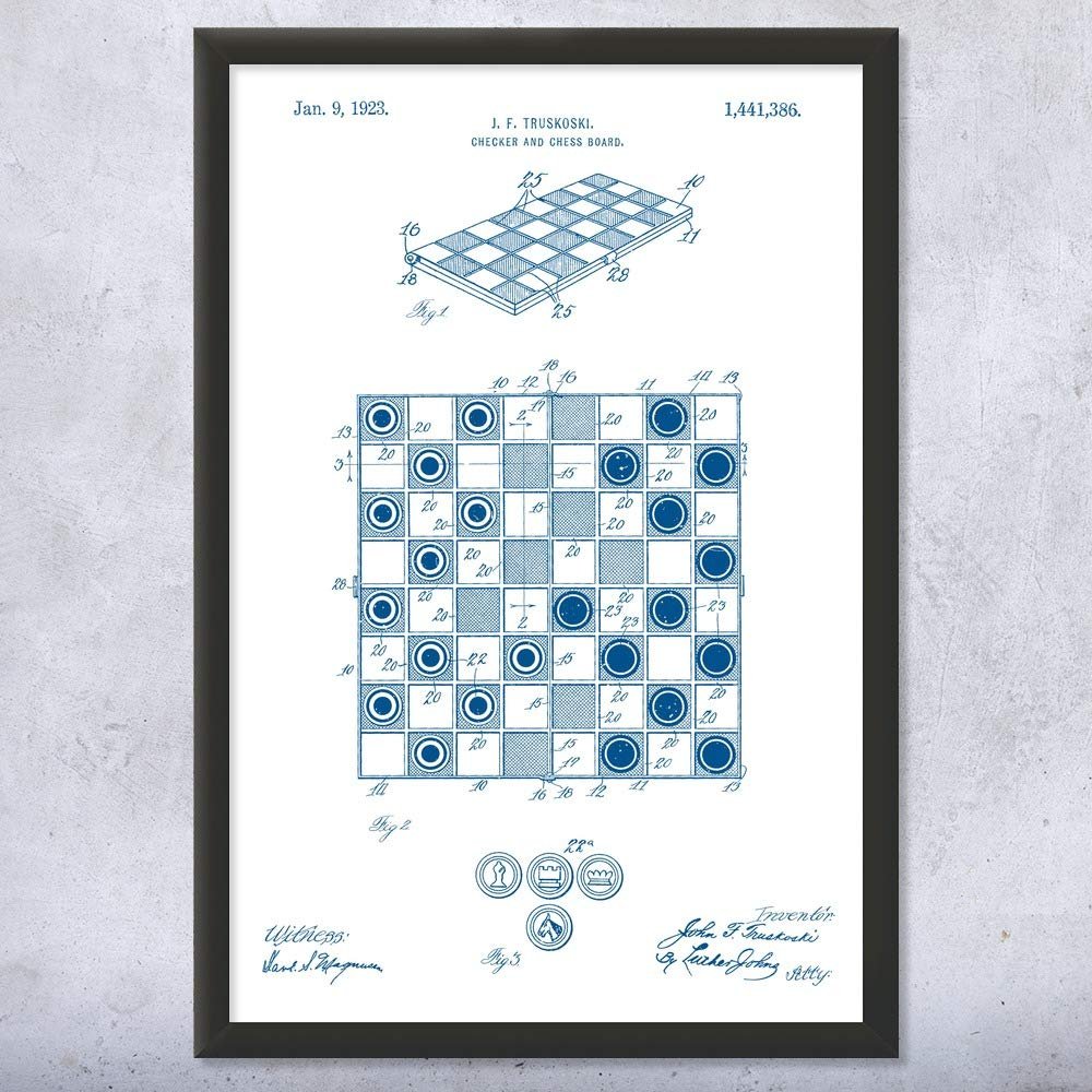 Framed Checkers Board Print, Chess Player Gift, Gaming Decor, Chess Club Art, Game Lover Gift, Game Room Art Blue & White (18x24)