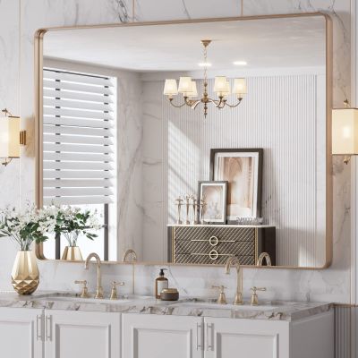 LOAAO 48X36 Gold Bathroom Mirror, Rounded Rectangle Gold Frame Mirror, Brushed Gold Bathroom Vanity Mirror Wall-Mounted, Anti-Rust, Tempered Glass, Hangs Horizontally or Vertically