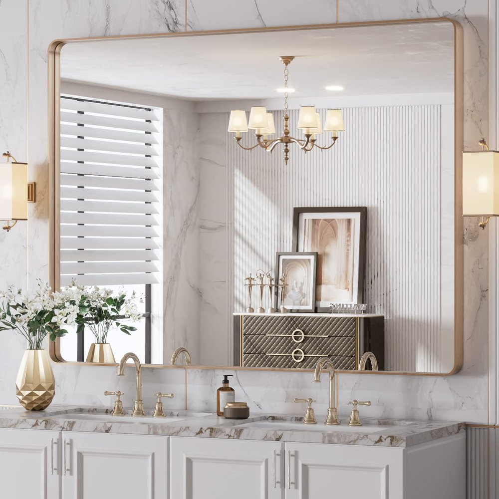 LOAAO 48X36 Gold Bathroom Mirror, Rounded Rectangle Gold Frame Mirror, Brushed Gold Bathroom Vanity Mirror Wall-Mounted, Anti-Rust, Tempered Glass, Hangs Horizontally or Vertically