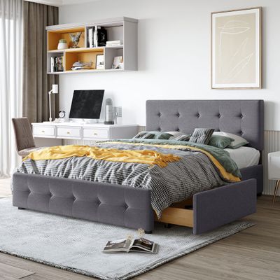 Classic Queen Size Platform Bed with Upholstered Headboard and 4 Drawers, Linen Fabric Storage Bed with Strong Wooden Slats,for bedrooms,Guest Rooms (Dark Gray#k)