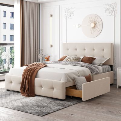 Classic Queen Size Platform Bed with Upholstered Headboard and 4 Drawers, Linen Fabric Storage Bed with Strong Wooden Slats,for bedrooms,Guest Rooms (Beige#k)