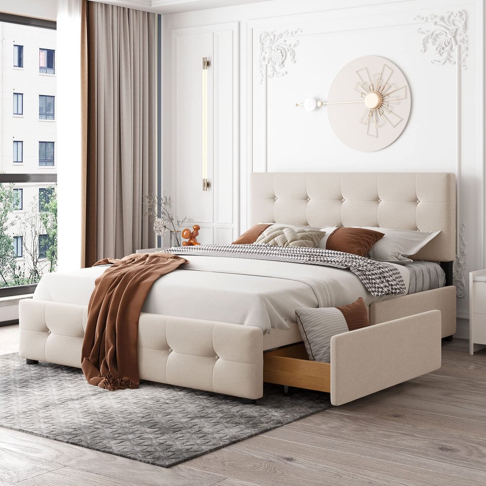 Classic Queen Size Platform Bed with Upholstered Headboard and 4 Drawers, Linen Fabric Storage Bed with Strong Wooden Slats,for bedrooms,Guest Rooms (Beige#k)