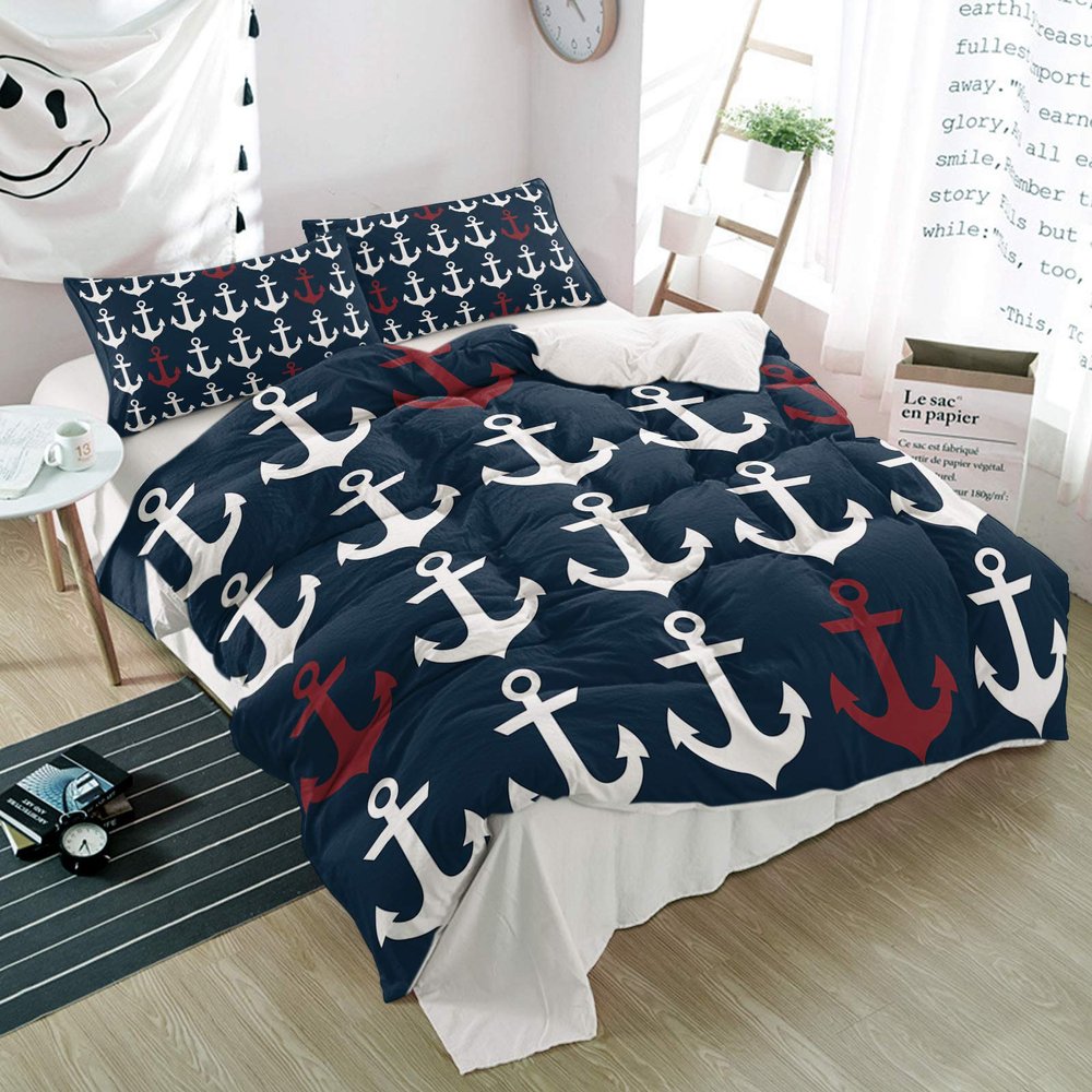 3 Pieces Duvet Cover California King Bedding Sets Nautical Red and White Anchors Luxury Soft Comforter Cover with Pillowcases Ocean Element on Dark Blue Microfiber Quilt Covers Set for Bedroom Decor