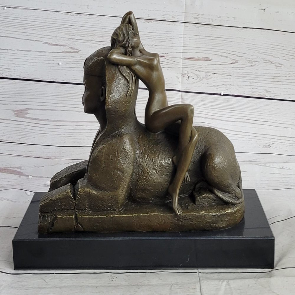 Large Regency Bronze, Ormolu and Black Slate Sphinx W/Nymph Nude Artwork Hot Cast Artwork Decor Art by Think Bronze