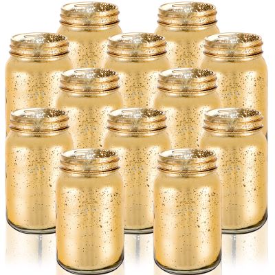 12 Pcs Decorative Mason Jars 16oz Painted Wide Mason Jars for Table Centerpiece DIY Home Decoration Birthday Housewarming Party Wedding Favor(Gold)