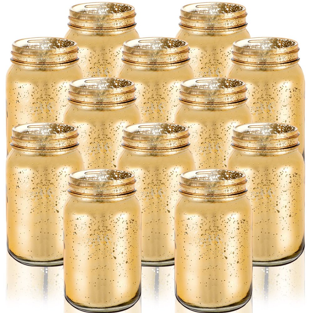 12 Pcs Decorative Mason Jars 16oz Painted Wide Mason Jars for Table Centerpiece DIY Home Decoration Birthday Housewarming Party Wedding Favor(Gold)