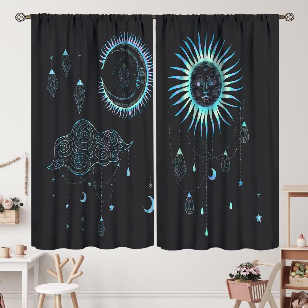 Sun Moon Mandala Window Curtains Bohemian Curtains for Bedroom, Boho Hippie Window Drapes for Kids Boys Girls Teens Living Room, Tribal Exotic Floral Window Treatments Curtains 84x84in