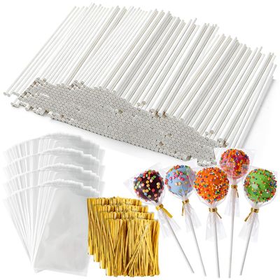 1200Pcs White Lollipop Sticks, 6IN Cake Pop Sticks with Clear Treat Bags & Gold Twist Ties for Candy Making Accessories