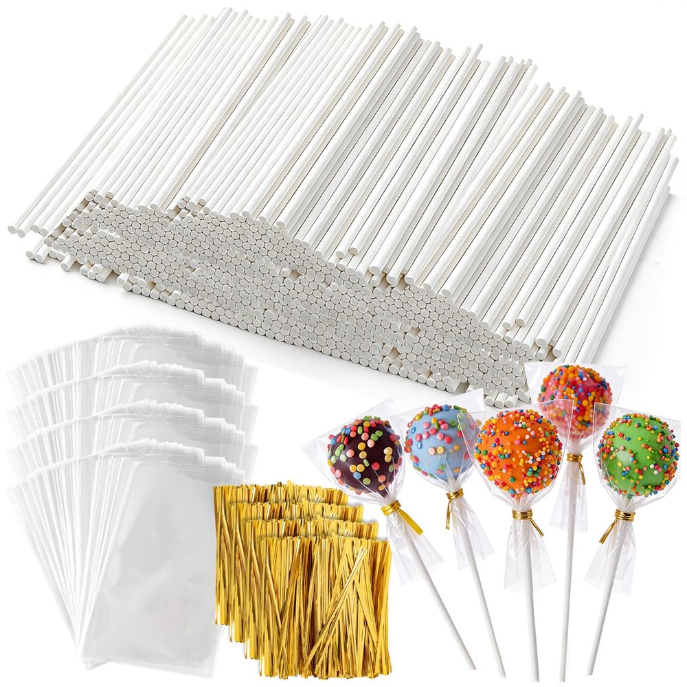 1200Pcs White Lollipop Sticks, 6IN Cake Pop Sticks with Clear Treat Bags & Gold Twist Ties for Candy Making Accessories