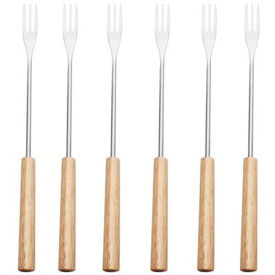 6-Piece Stainless Steel Fondue Forks Set with Wooden Handles 10.23 Inch Long Chocolate and Cheese Dipping Forks for Home Parties Camping and Outdoor Entertaining