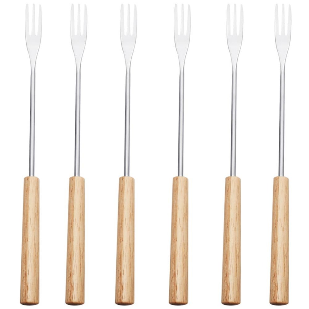 6-Piece Stainless Steel Fondue Forks Set with Wooden Handles 10.23 Inch Long Chocolate and Cheese Dipping Forks for Home Parties Camping and Outdoor Entertaining