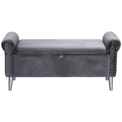 Doublewin 47-inch Modern Storage Bench for Bedroom End of Bed, Upholstered Tufted Window Bench with Arms and Safety Hinge, Grey Velvet Storage Ottoman for Living Room, Entryway