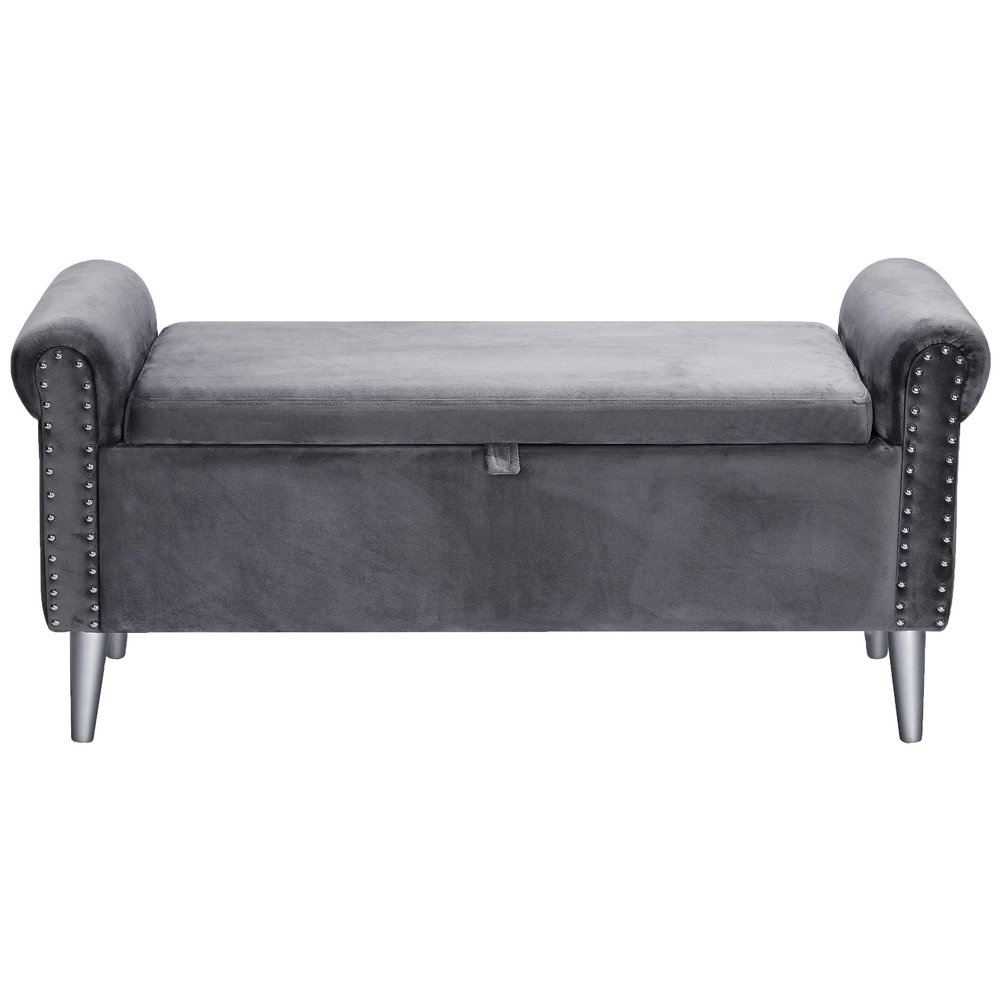 Doublewin 47-inch Modern Storage Bench for Bedroom End of Bed, Upholstered Tufted Window Bench with Arms and Safety Hinge, Grey Velvet Storage Ottoman for Living Room, Entryway