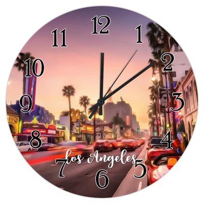 Wooden Decorative Wall Clock USA City Los Angeles Wall Clock Silent Non-Ticking Wooden Wall Clocks American City in California Round Wall Clock City Souvenir Clocks for Home 15inch