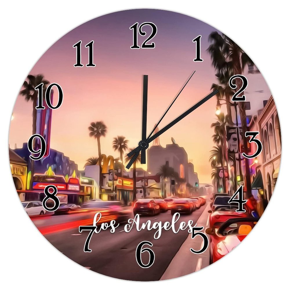 Wooden Decorative Wall Clock USA City Los Angeles Wall Clock Silent Non-Ticking Wooden Wall Clocks American City in California Round Wall Clock City Souvenir Clocks for Home 15inch