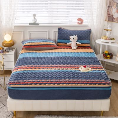 FCLDESHOP Fitted Mattress Pad Cover,Thick Flannel Quilted Fitted Sheet, Children's Bedroom Cartoon Print Mattress Protector, 30cm/12 Deep Bed Sheet,Stripe,180 * 200cm