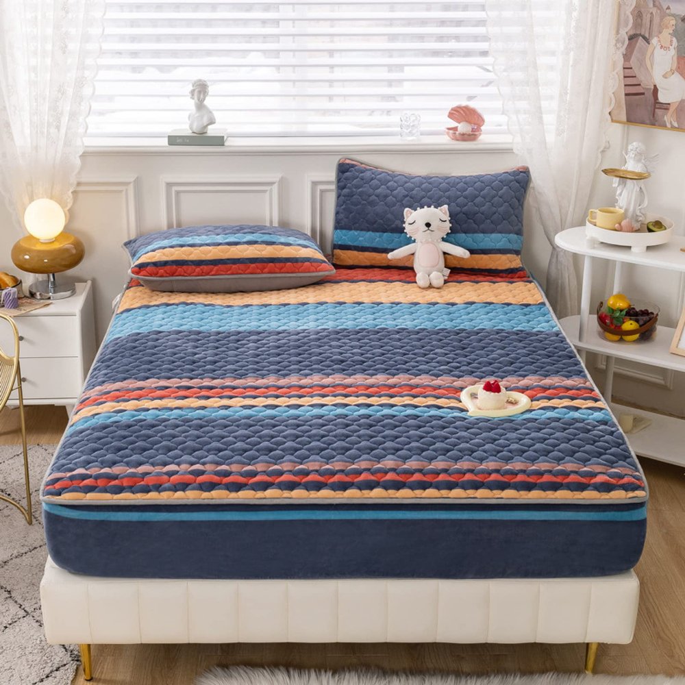 FCLDESHOP Fitted Mattress Pad Cover,Thick Flannel Quilted Fitted Sheet, Children's Bedroom Cartoon Print Mattress Protector, 30cm/12 Deep Bed Sheet,Stripe,180 * 200cm