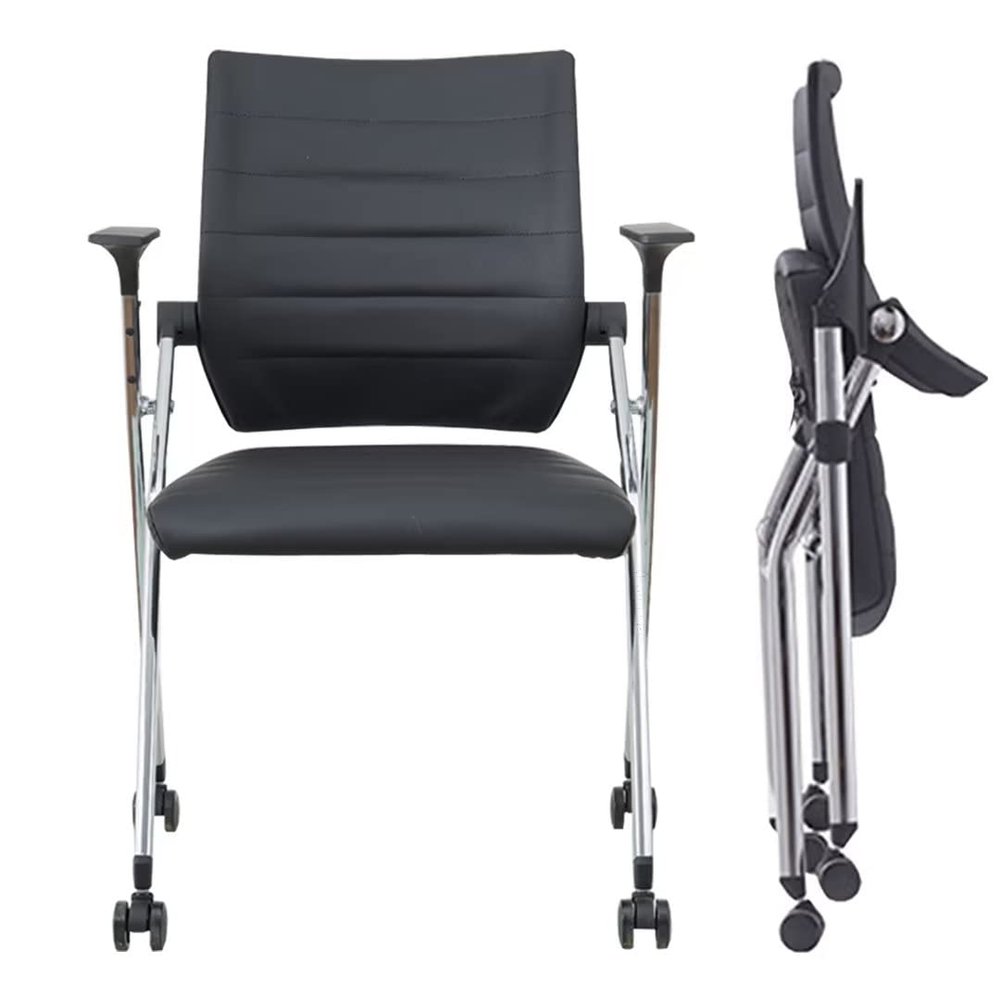 Comfortable Folding Chair with Wheels Desk Chairs for Bedroom,Ergonomic Home Office Foldable Office Chair with PU Leather Padded Seats Small Spaces,Gaming Foldable armrest,360 Degree Rotation,Black